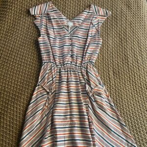 Anthropologie Postmark 100% Silk Red Blue Striped Midi Dress with Pockets size 4